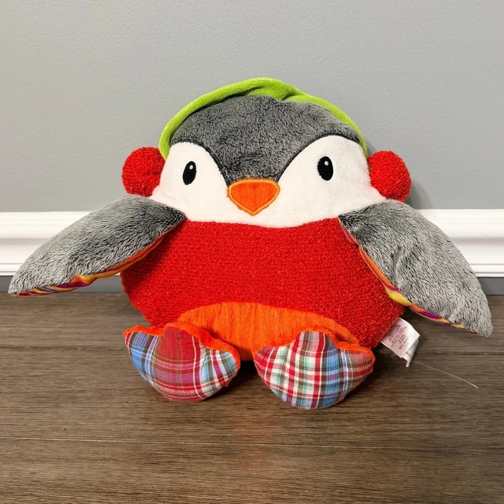 Pier 1 Imports‎ Penguin Plush Stuffed Animal Red Earmuffs Plaid Feet Winter